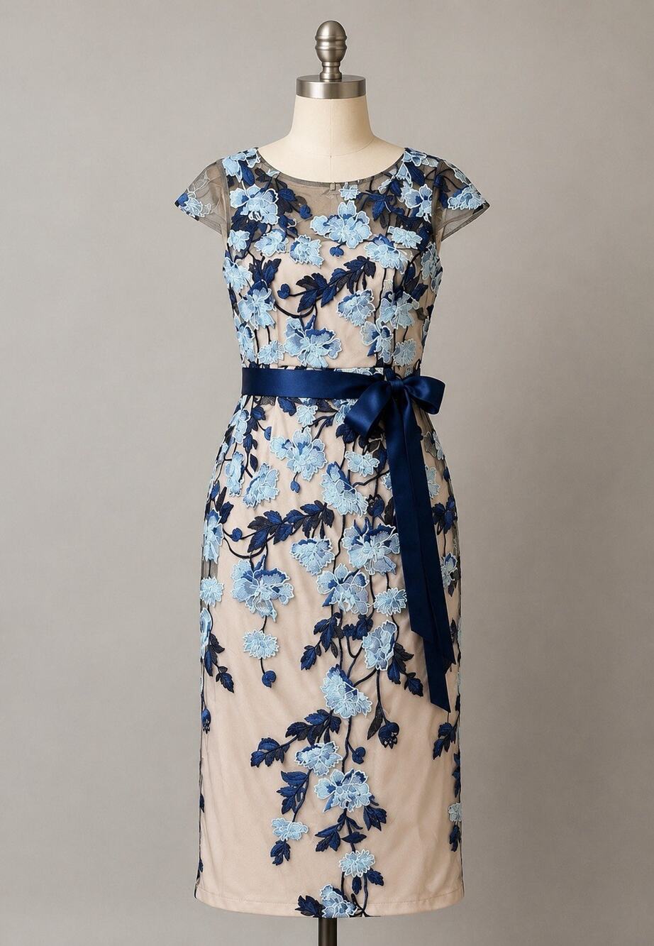 Adrianna Papell Size 4 Blue Floral Embroidered Mesh Maxi Formal Dress Nude Navy